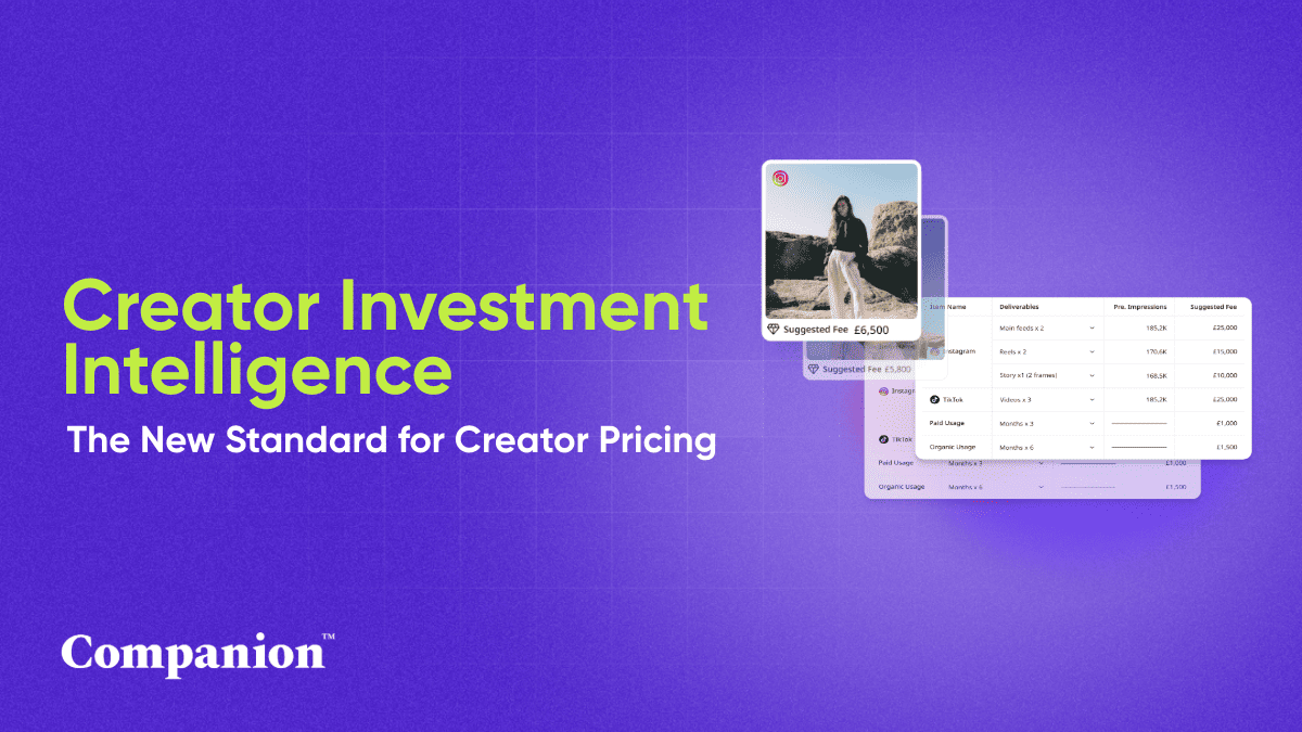 Creator Investment Intelligence - The New Standard for Creator Pricing. Image of influencer content in a rocky formation with a suggested fee of £6,500 and a table with marketing deliverables