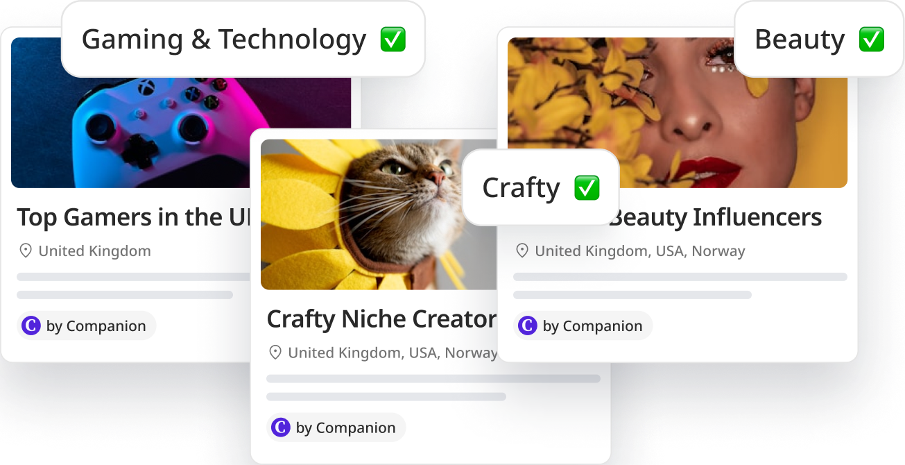Three influencer collection cards for Top Gamers, Crafty Niche, and Beauty