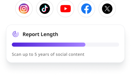 Logos for Instagram, TikTok, YouTube, Facebook and X. A progress bar underneath for report length.