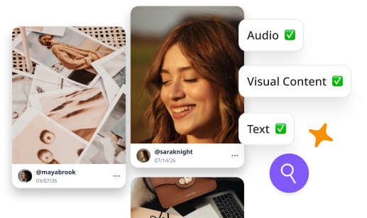 Risk assessed images, checks for audio, visual and text content. Content included printed photos on a table and a photo of a brunette woman.