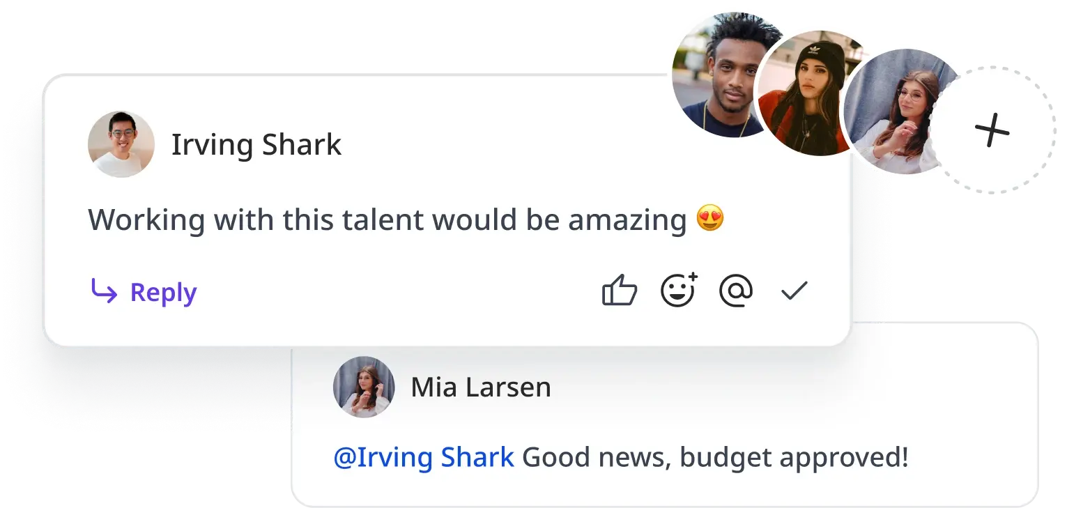 Comment by example user saying 'Working with this talent would be amazing'