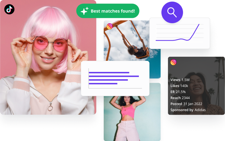 Girl with pink hair and pink tinted glasses, with text 'Best matches found!'